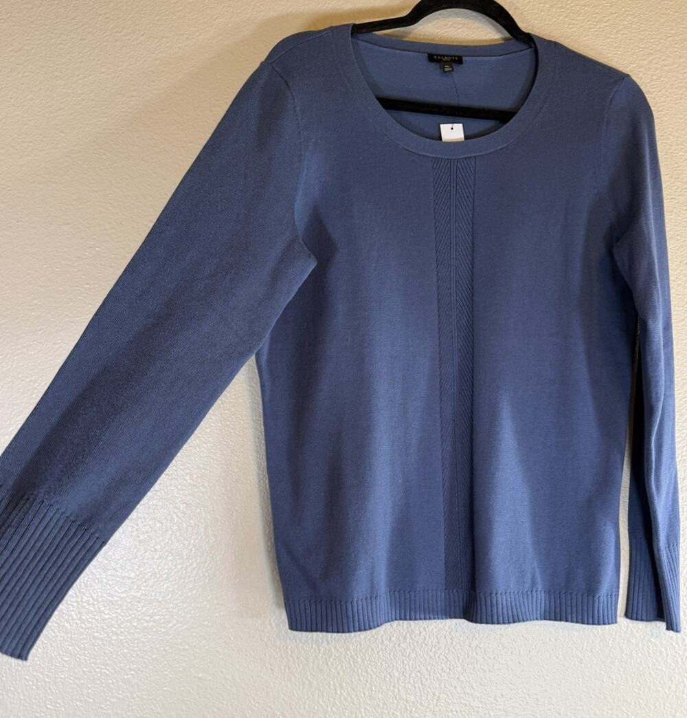 NWT Talbots Petite Medium Blue Scoop Neck Long Sleeve Chevron Knit Sweater
